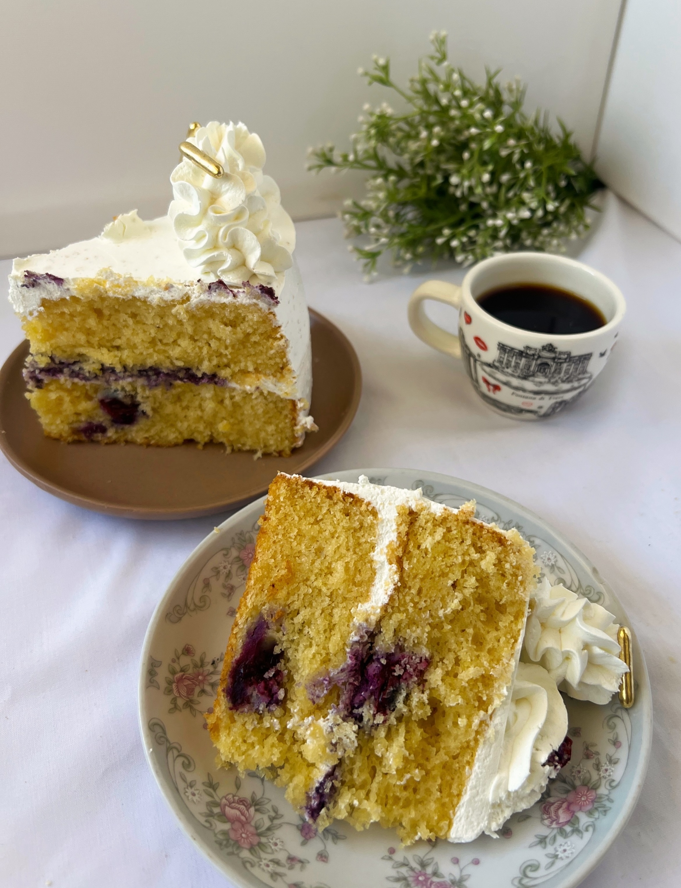 Fresh cake slices served with coffee